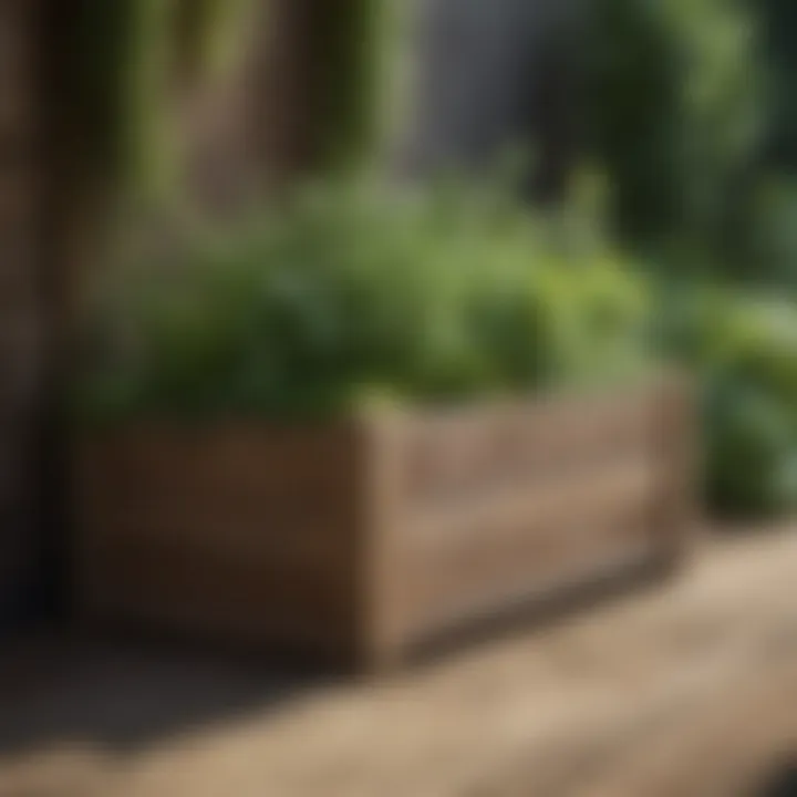Elegant wooden above ground garden box filled with fresh herbs