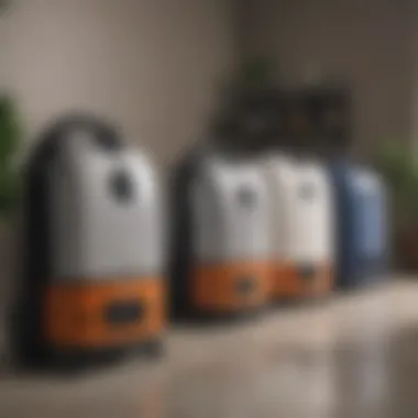 Various models of HEPA filter vacuums arranged for comparison.
