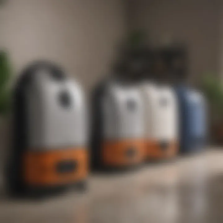Various models of HEPA filter vacuums arranged for comparison.