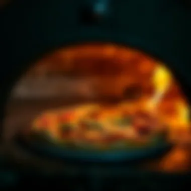 Deliciously cooked pizza emerging from a wood fired oven