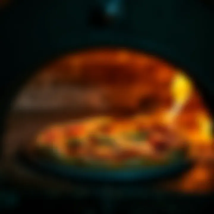 Deliciously cooked pizza emerging from a wood fired oven