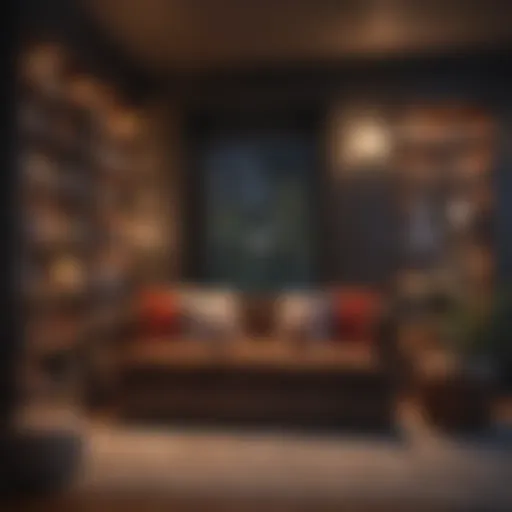 A cozy bookcase nook featuring plush seating and warm lighting