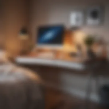 Aesthetic small desk complementing bedroom decor Stylish small desk in a cozy bedroom setting