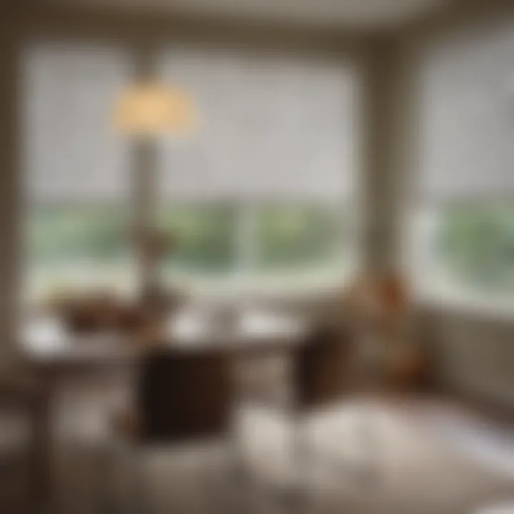 Stylish roller shades with modern graphic prints in a contemporary dining area.