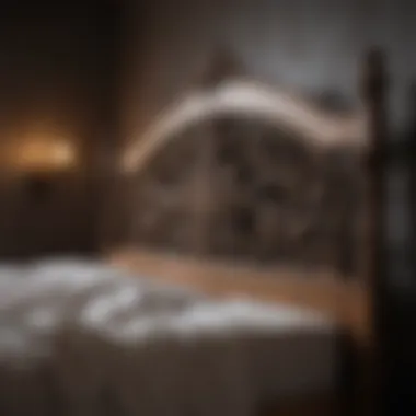 Elegant vintage farmhouse bed frame showcasing intricate woodwork details