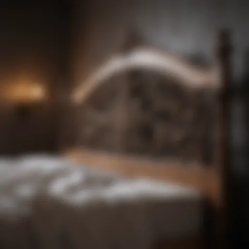 Elegant vintage farmhouse bed frame showcasing intricate woodwork details