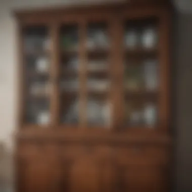 Detailed view of vintage kitchen wall cabinet with glass doors
