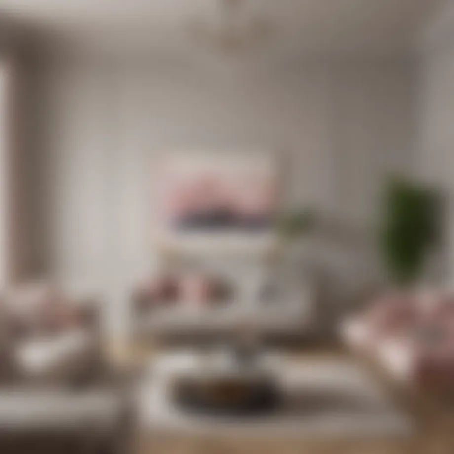 Elegant living room showcasing gray cabinets with a soft pastel wall color