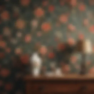 A rustic room featuring a vintage floral wall pattern