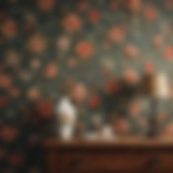 A rustic room featuring a vintage floral wall pattern