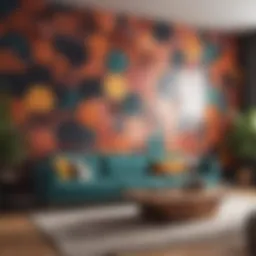 A vibrant geometric wall pattern in a modern living room