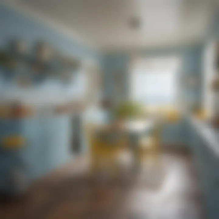 A vibrant coastal cottage adorned in light blue with bright yellow accents
