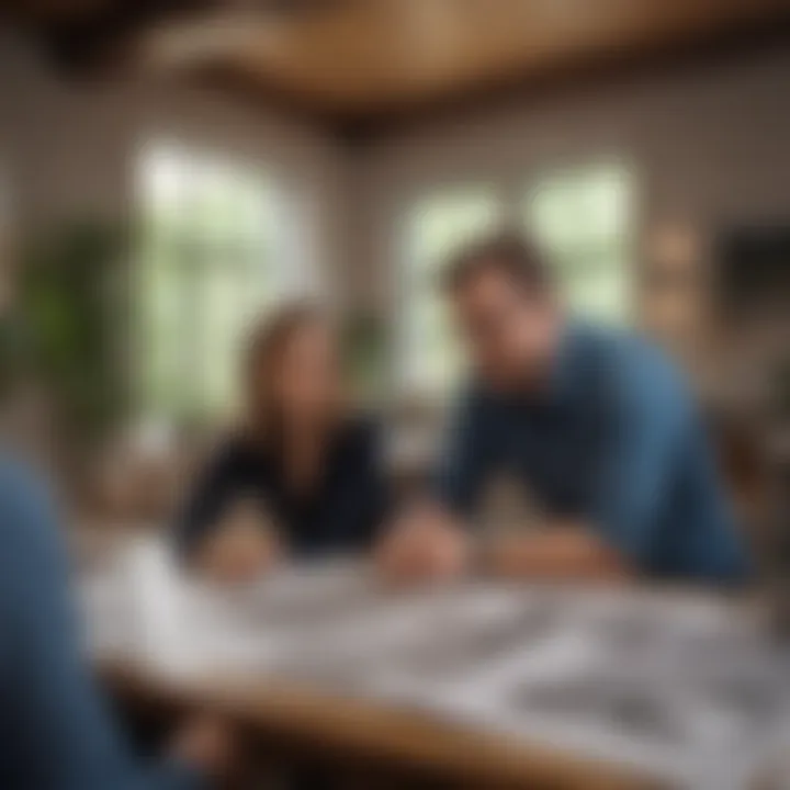 A designer discussing plans with a client over architectural blueprints