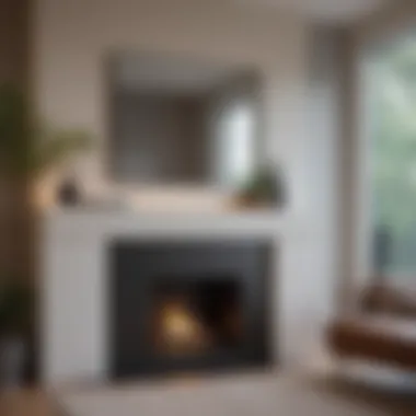Minimalist Fireplace Mantle with Sleek Mirror Minimalist mantle featuring a sleek mirror that enhances modern decor
