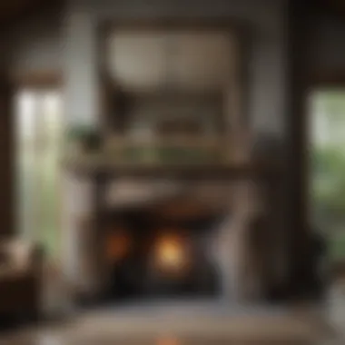 Rustic Fireplace Mantle with Vintage Mirror Rustic fireplace mantle adorned with a vintage mirror and natural decor elements