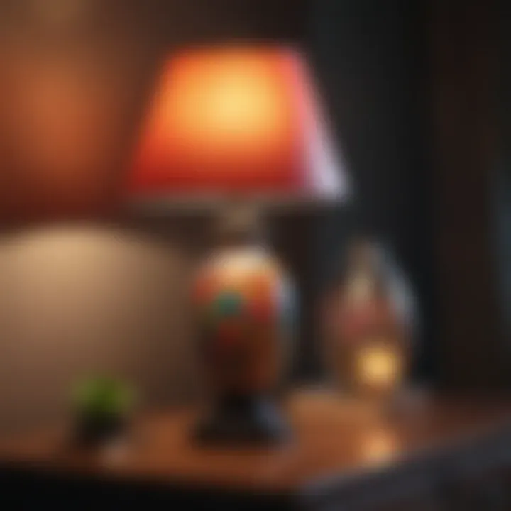 A colorful and artistic lamp that serves as a statement piece on a bedside table