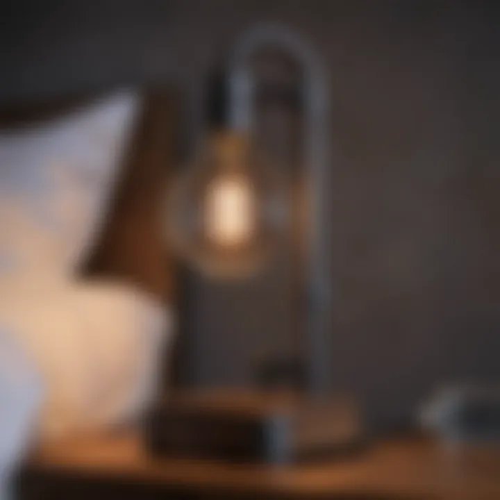 A stylish bedside lamp with an industrial flair made of metal and wood