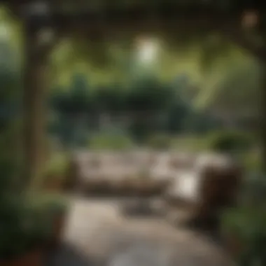 An elegant outdoor seating area surrounded by lush greenery and floral accents.