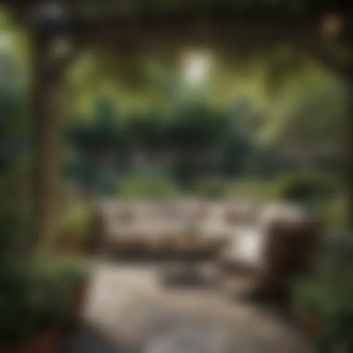 An elegant outdoor seating area surrounded by lush greenery and floral accents.