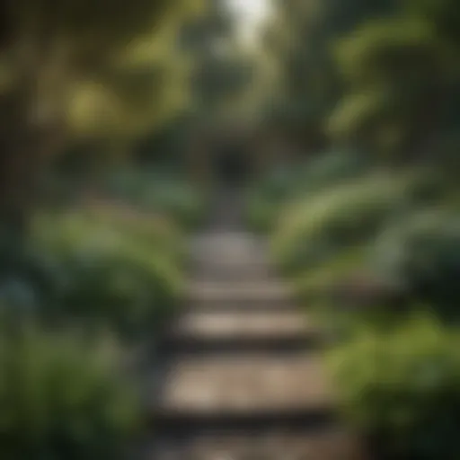 A serene garden layout showcasing diverse plant selections and pathways.