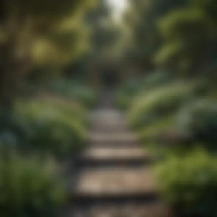 A serene garden layout showcasing diverse plant selections and pathways.