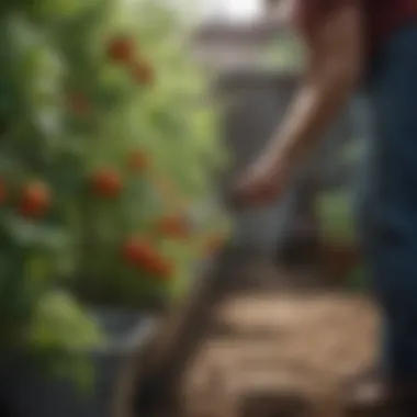 A gardener implementing an effective watering strategy for tomatoes