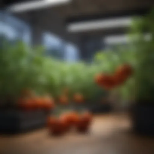 Variety of tomato plants under grow lights