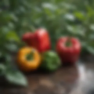 Close-up of healthy pepper fruits among companion plants