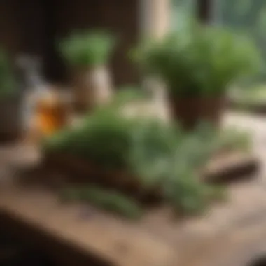 Freshly harvested herbs arranged on a rustic wooden table