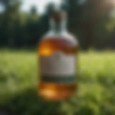 A bottle of vinegar surrounded by lush green grass