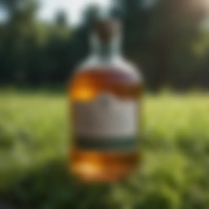 A bottle of vinegar surrounded by lush green grass