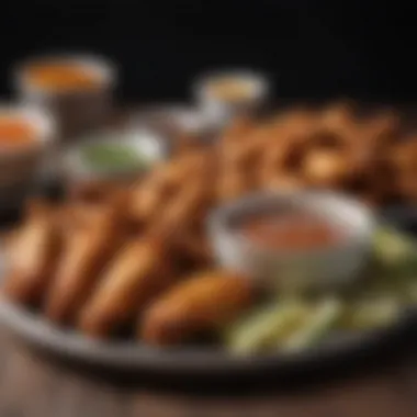 A platter of crispy chicken wings with various dipping sauces