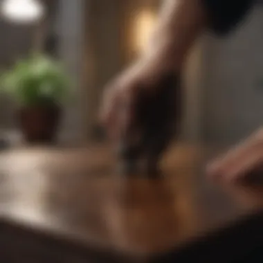 Demonstrating a technique for ink stain removal Applying stain removal technique