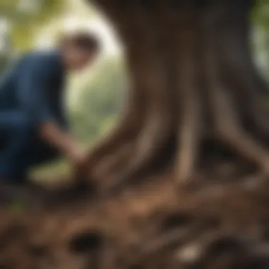 A gardener examining soil and root conditions around a tree.