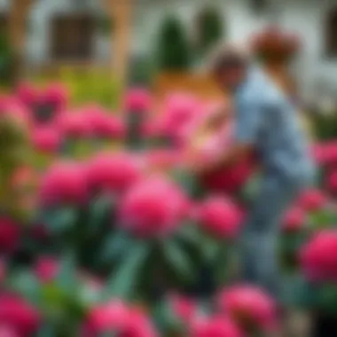 Gardener applying fertilizer around rhododendron plants