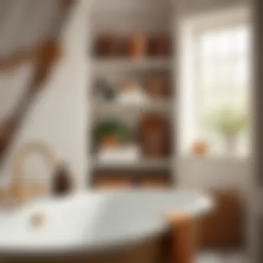 Sophisticated bathtub area featuring decorative baskets and functional storage