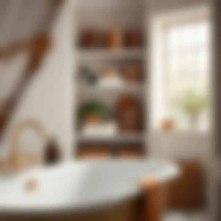 Sophisticated bathtub area featuring decorative baskets and functional storage