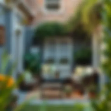 A cozy outdoor seating area nestled in a corner yard, showcasing stylish furniture and decor