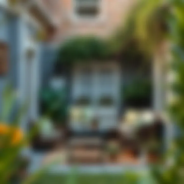 A cozy outdoor seating area nestled in a corner yard, showcasing stylish furniture and decor