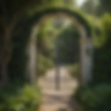 Charming arched garden gate surrounded by greenery