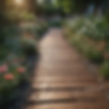 A serene wooden walkway lined with blooming flowers