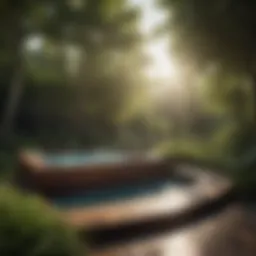 Elegant wooden hot tub deck surrounded by lush greenery