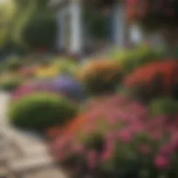 A beautifully landscaped front yard with colorful flowers and ornamental shrubs