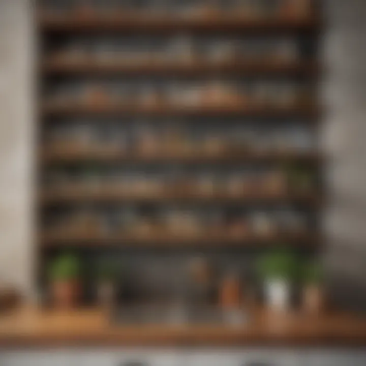 Rustic wooden shelves filled with herbs and spices