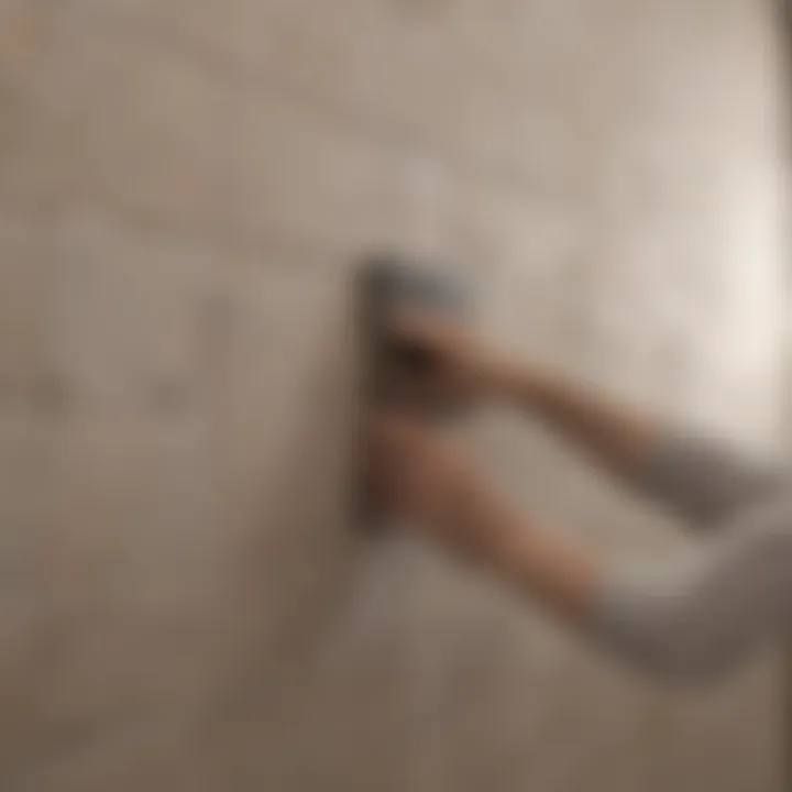 Close-up of tile being adhered to the wall