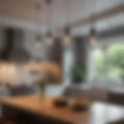 Elegant cluster of pendant lights above a kitchen island