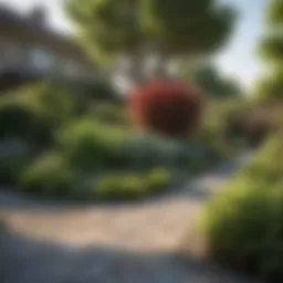 A beautifully landscaped flat yard featuring diverse plant selections and well-defined paths