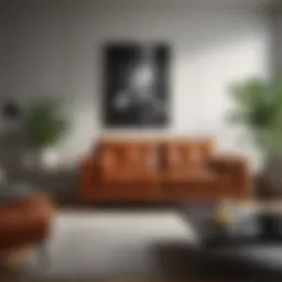Elegant living room featuring a leather couch with minimalist decor