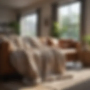 Sunlit living room with a cozy blanket on the couch