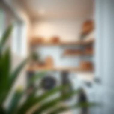 Modern laundry room featuring floating shelves
